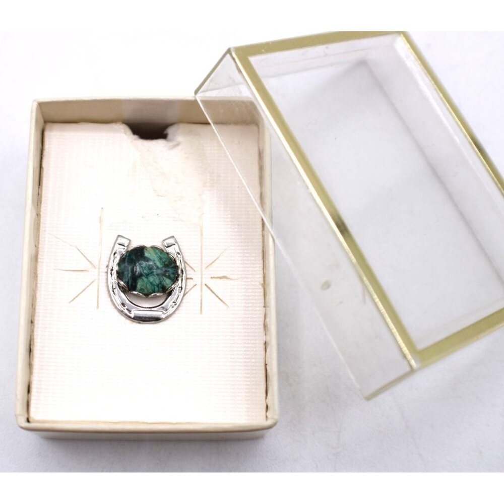 Vintage Ballou Regd Horseshoe Pin Green Marble-Like Fashion Faux Stone New Box